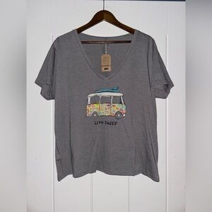 Natural Life Floral Hippie Van Live Happy Short Sleeve Women Gray Tee Shirt NEW